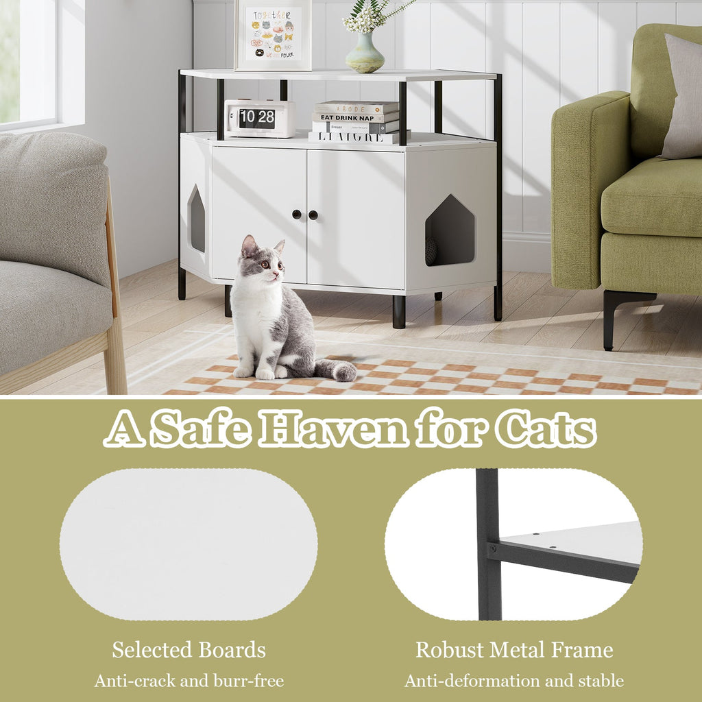 Corner Cat Litter Box Enclosure with Open Shelf 2 Entrances and Metal Legs