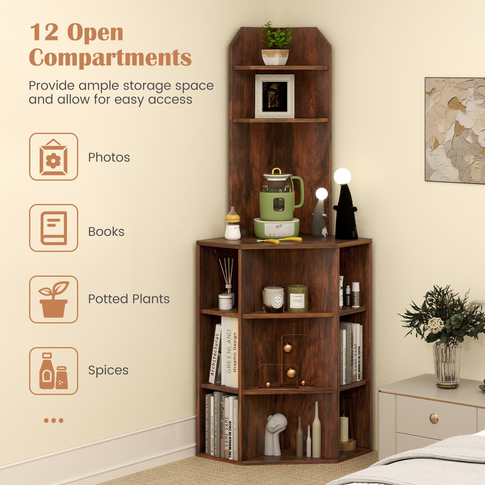 6-Tier Corner Shelf with Charging Station and 2 USB Ports