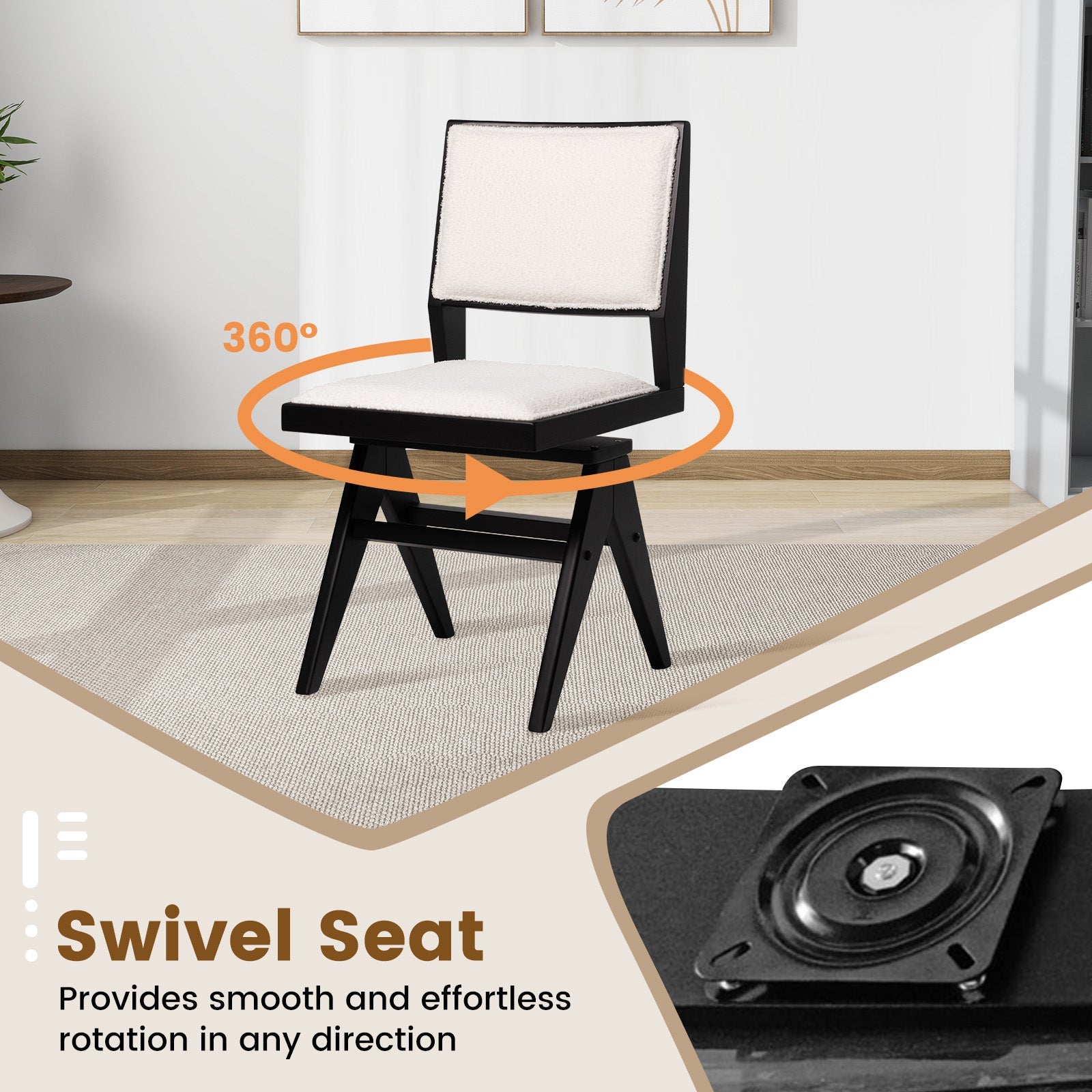 Swivel Wooden Dining Chair Set of 2 with Rubber Wood Frame and Padded Seat-Black