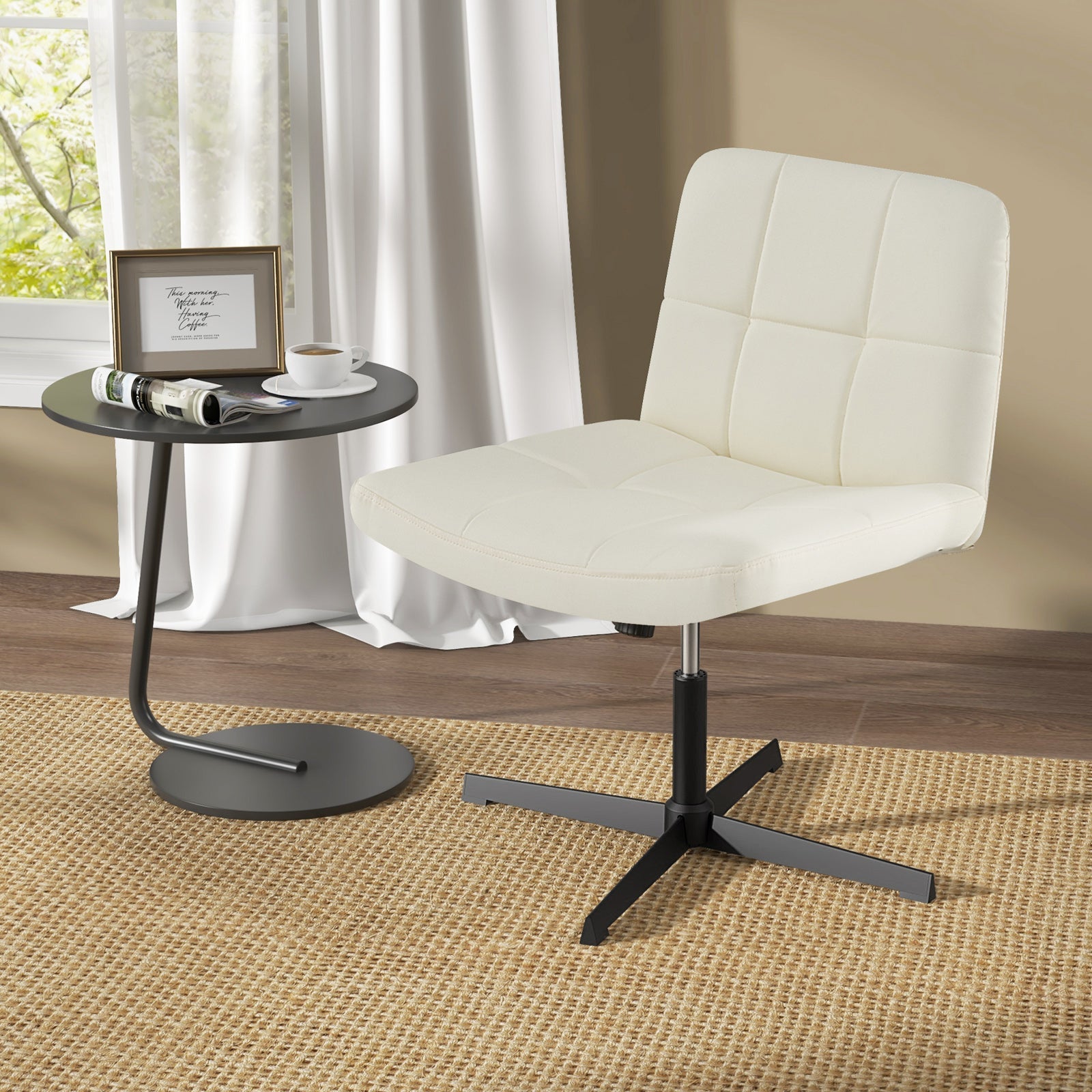 PU Leather Upholstered Cross-legged Office Chair with Oversized U-shaped Seat for Home Office Make Up