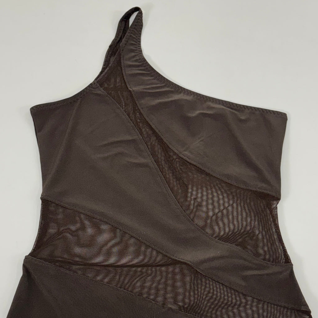 NORMA KAMALI One Shoulder Snake Mesh Catsuit Footsie Women's Sz S/36 Chocolate