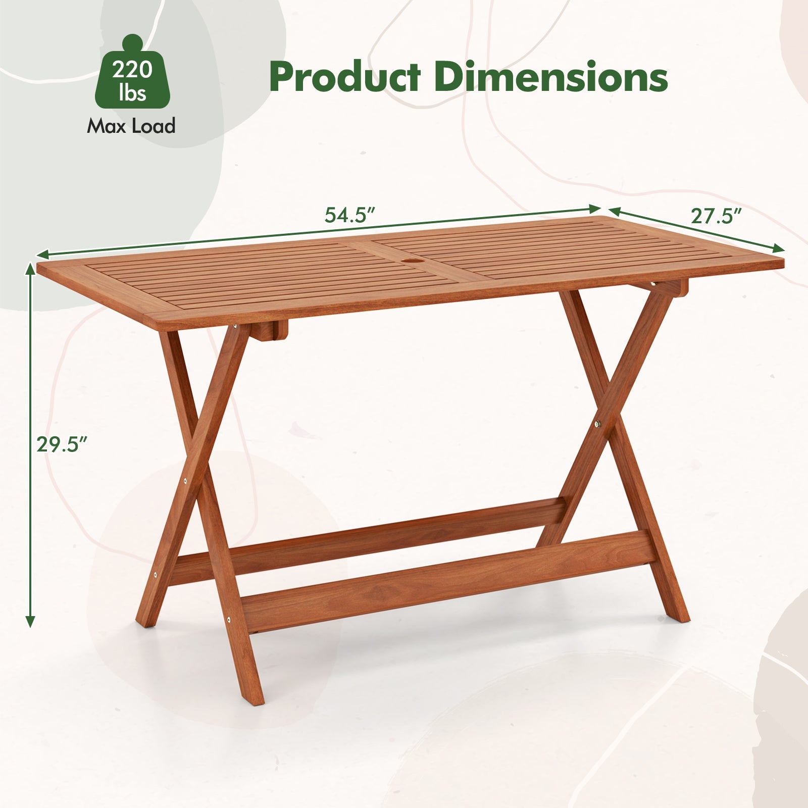 54.5 Inch x 27.5 Inch  Patio Dining Table with Teak Painting and Umbrella Hole