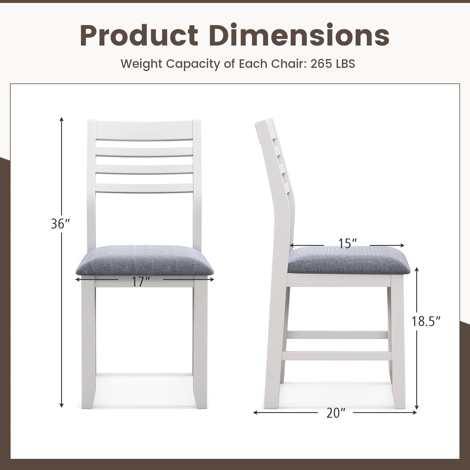 Wooden Dining Chair Set of 2 with Rubber Wood Frame and Padded Cushion