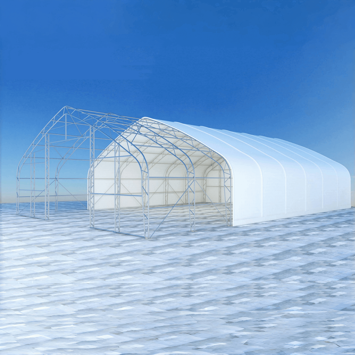 W40'xL80'xH21' Double Truss Storage Shelter, 10' Truss Spacing