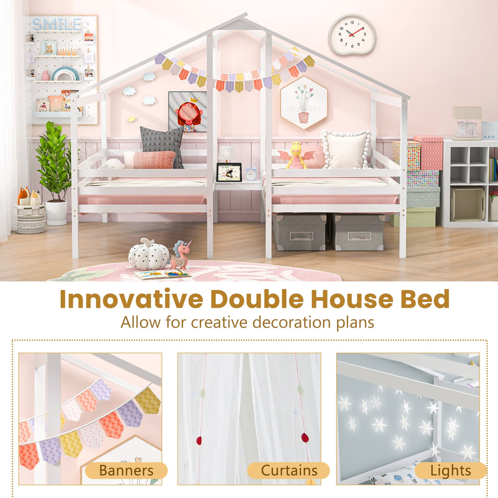 Double Twin Size Wooden Bed Frames with Built-in Table for Kids-White
