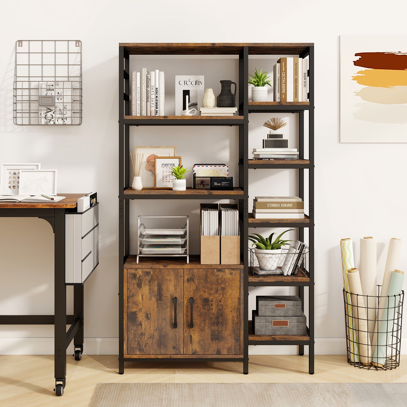 Double Wide 8-Tier Bookshelf with 2-Door Cabinet for Living Room Home Office-Rustic Brown