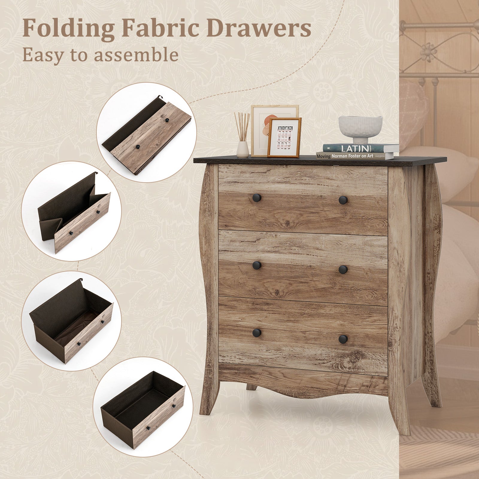 Dresser for Bedroom with 3 Folding Fabric Drawers and Anti-tipping Kit