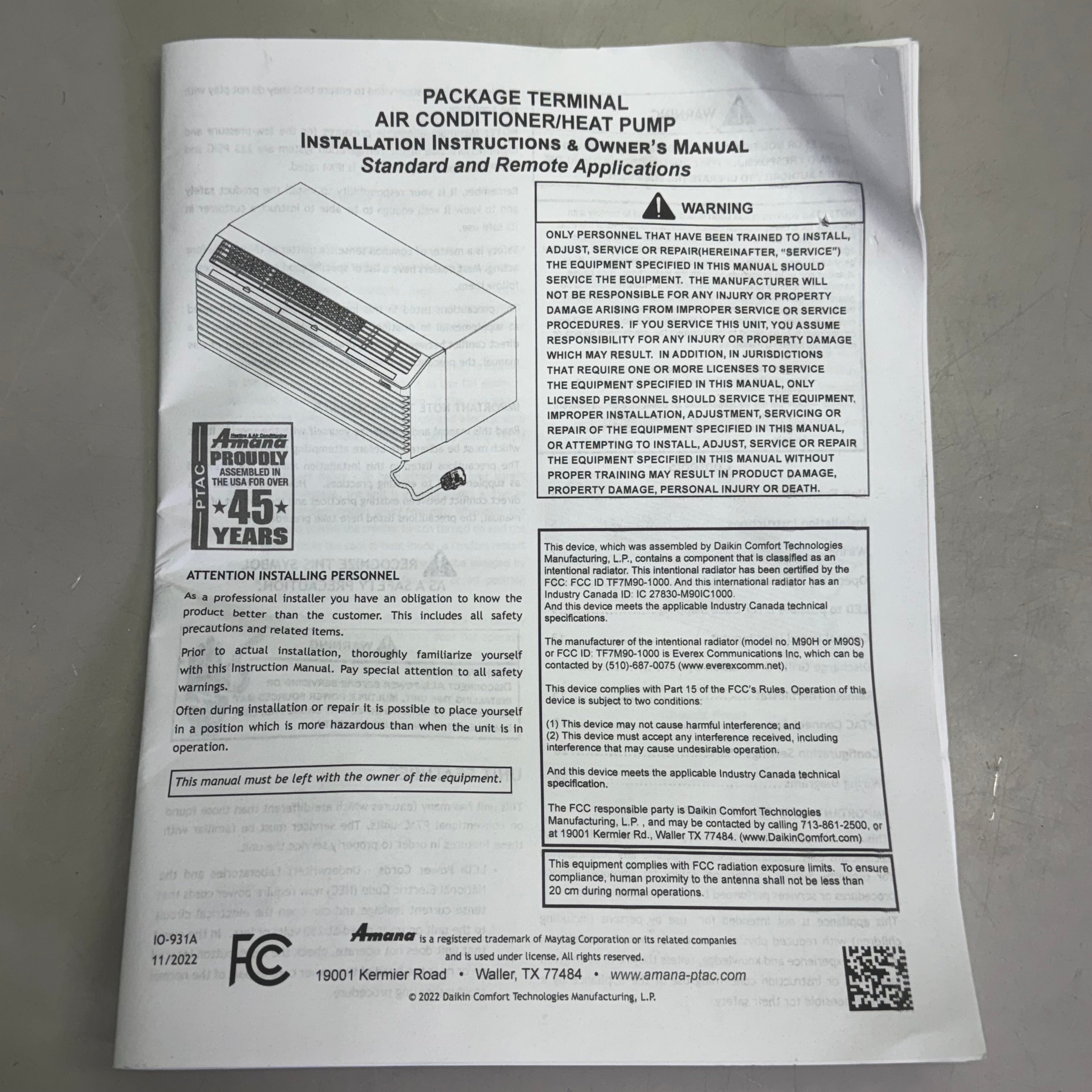 AMANA PTAC Wall Mounted Air Conditioner White 15000  BTUPTC153K35CXXX (New Other)