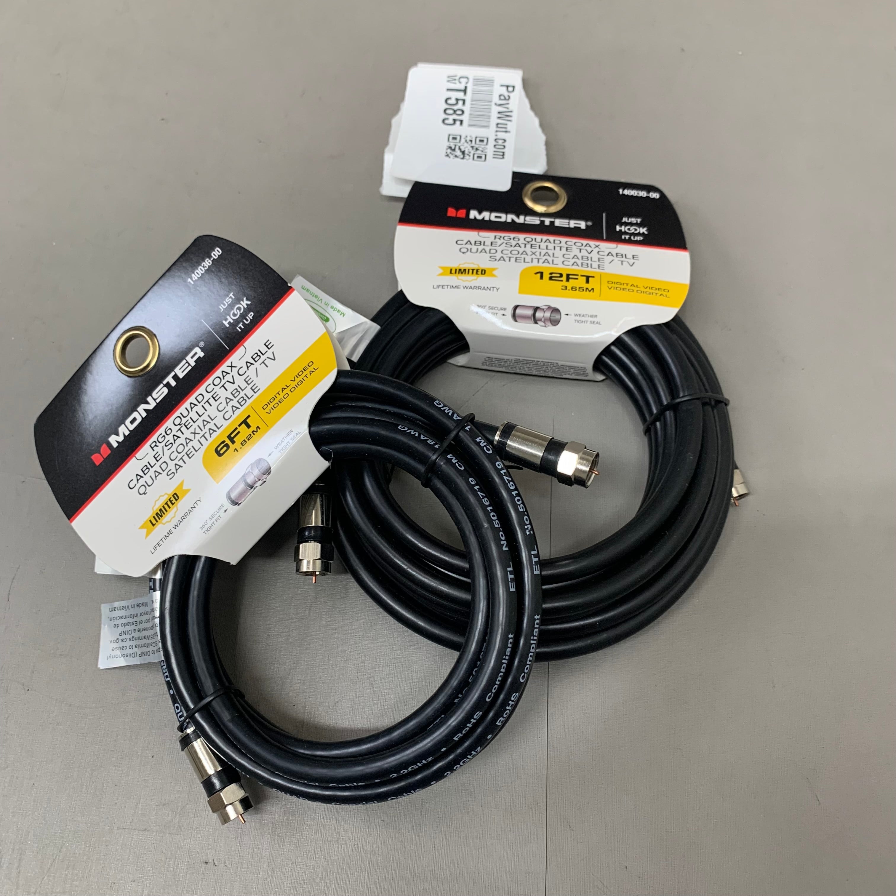 MONSTER (2Pack) RG6 Quad Coax Satellite Tv Cables 6ft, 12ft Black 140036-00,140030-00
