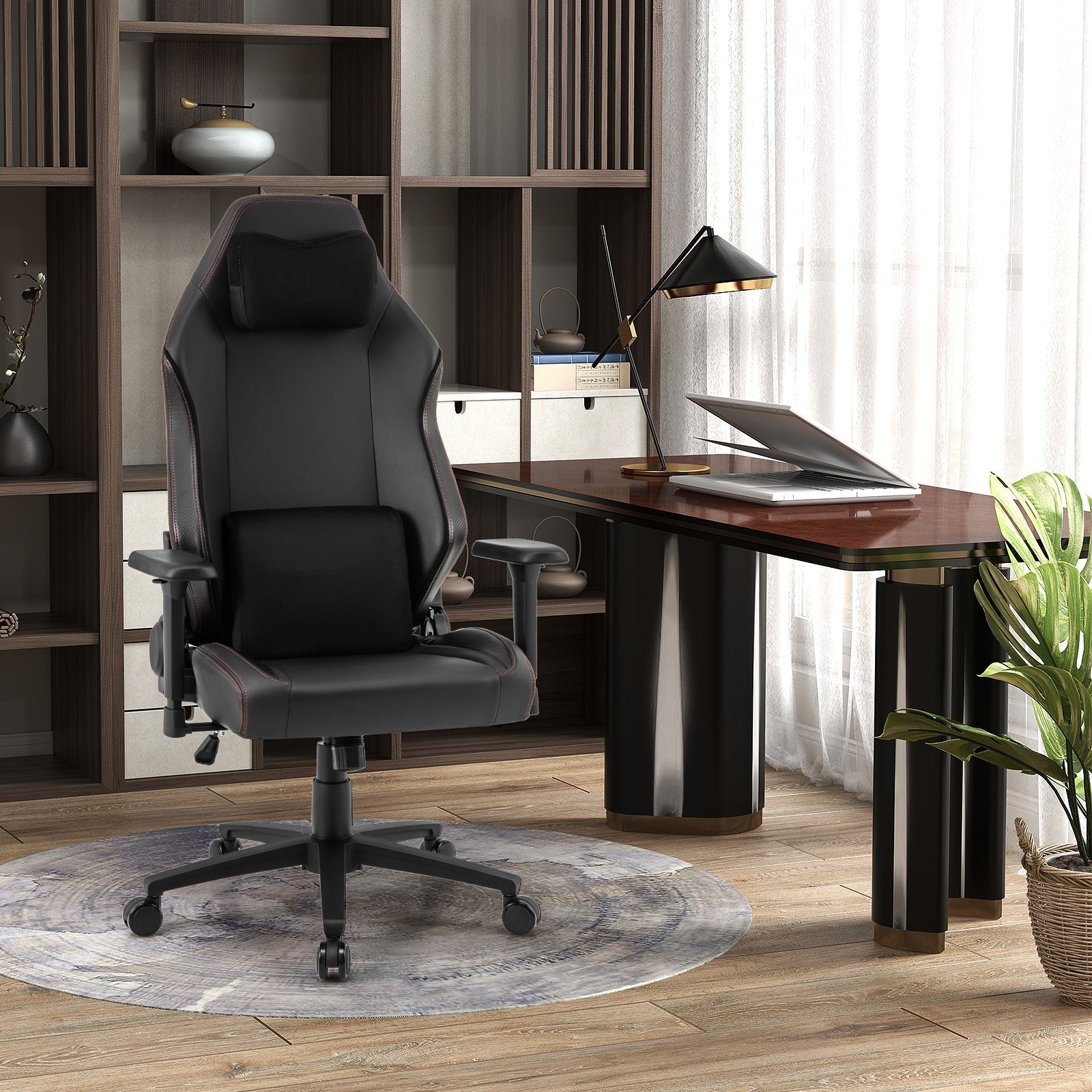 Ergonomic High Back Computer Chair with Magnetic Headrest and Lumbar Pillow-Black