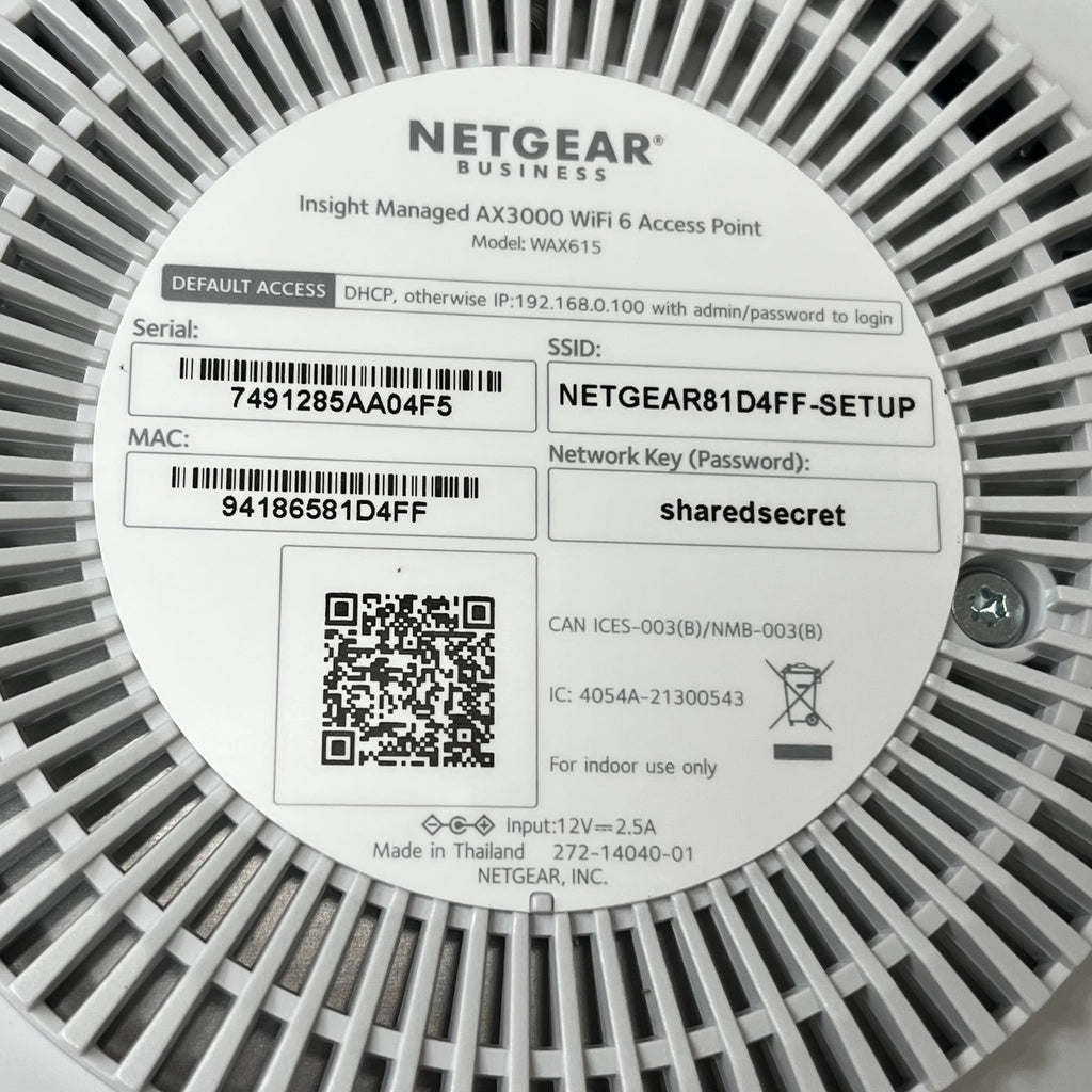 NETGEAR Dual Band PoE Multi-Gig Insight Managed WiFi 6Access Point WAX615-100CNS