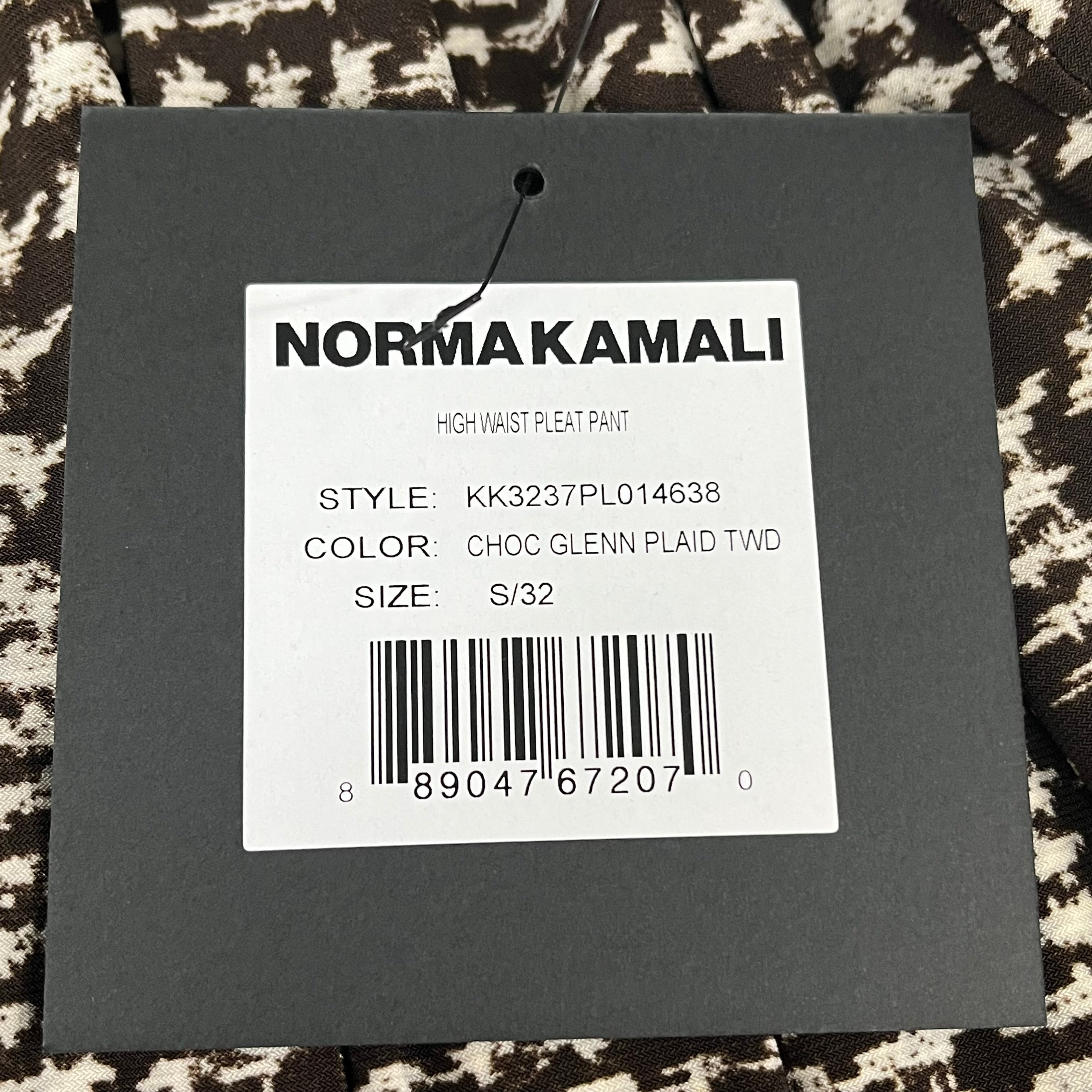 NORMA KAMALI High Waist Pleat Pant Women's Sz S/32 Chocolate Glenn Plaid Tweed