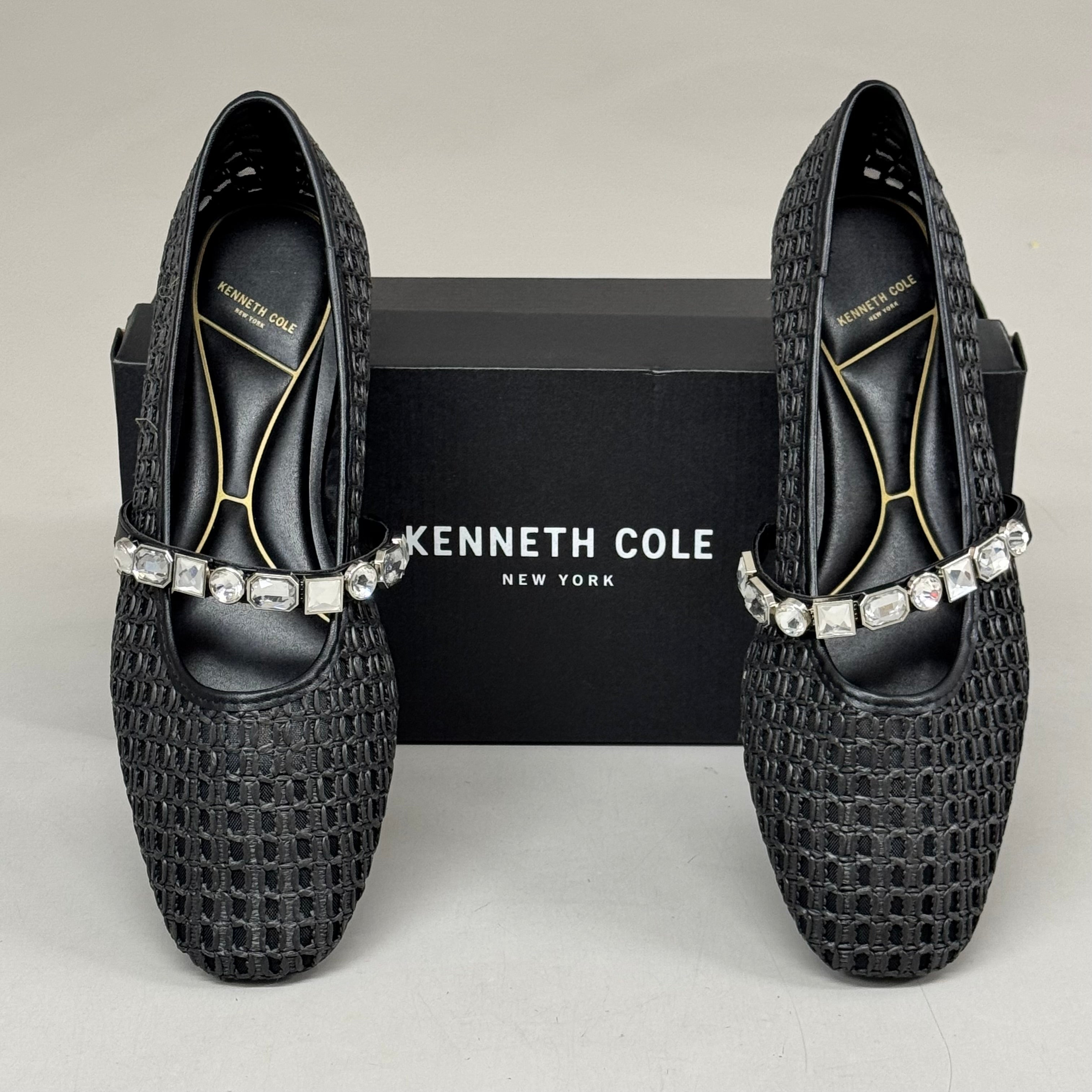 KENNETH COLE New York Zeta Raffia Jewel Jane Flat Women's Sz 9.5 Black KL25ZMJ01