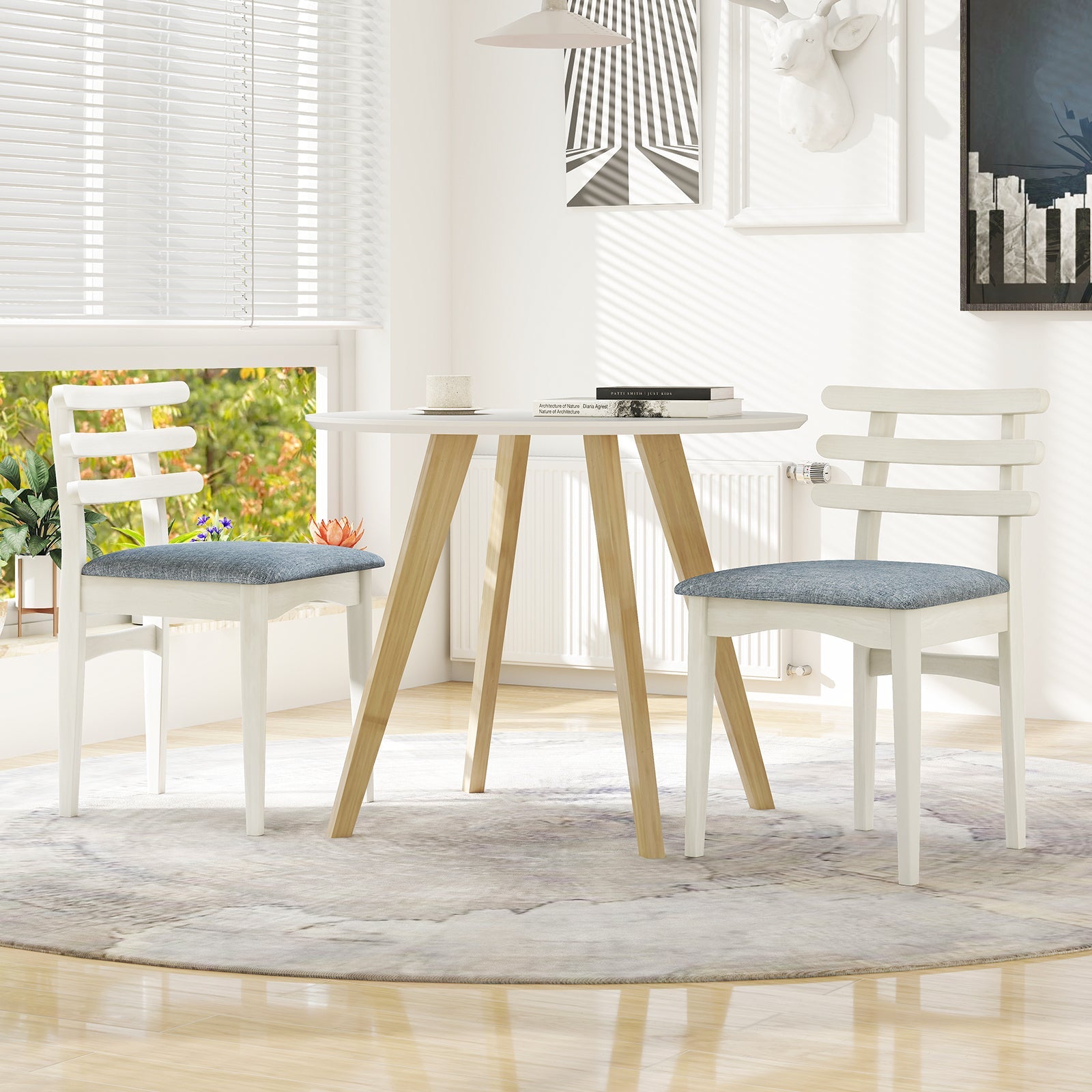 Fabric Kitchen Side Chairs with Rubber Wood Frame and Padded Seat-White