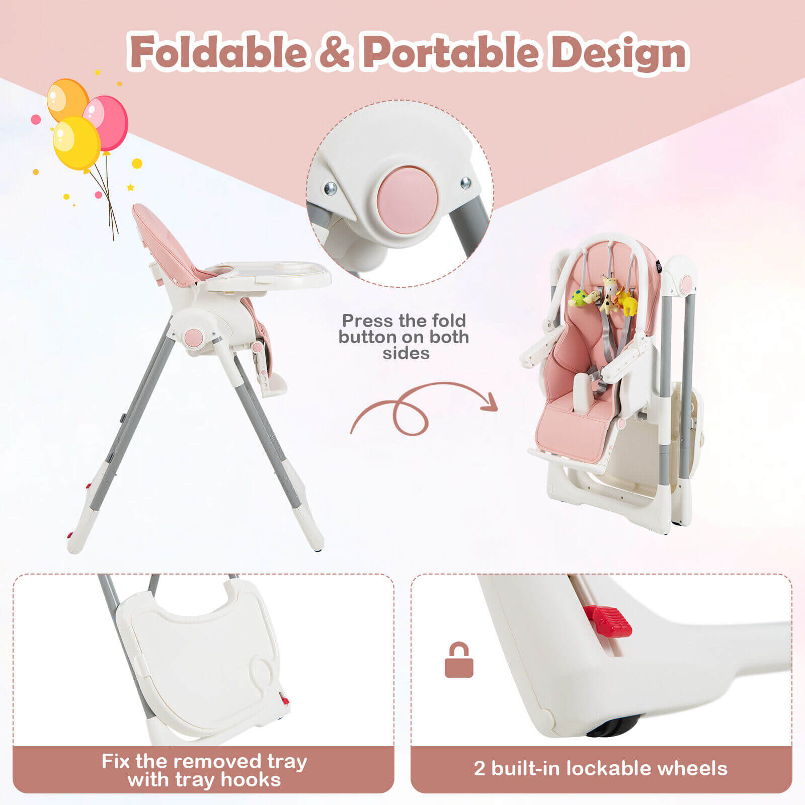 4-in-1 Foldable Baby High Chair with 7 Adjustable Heights and Free Toys Bar
