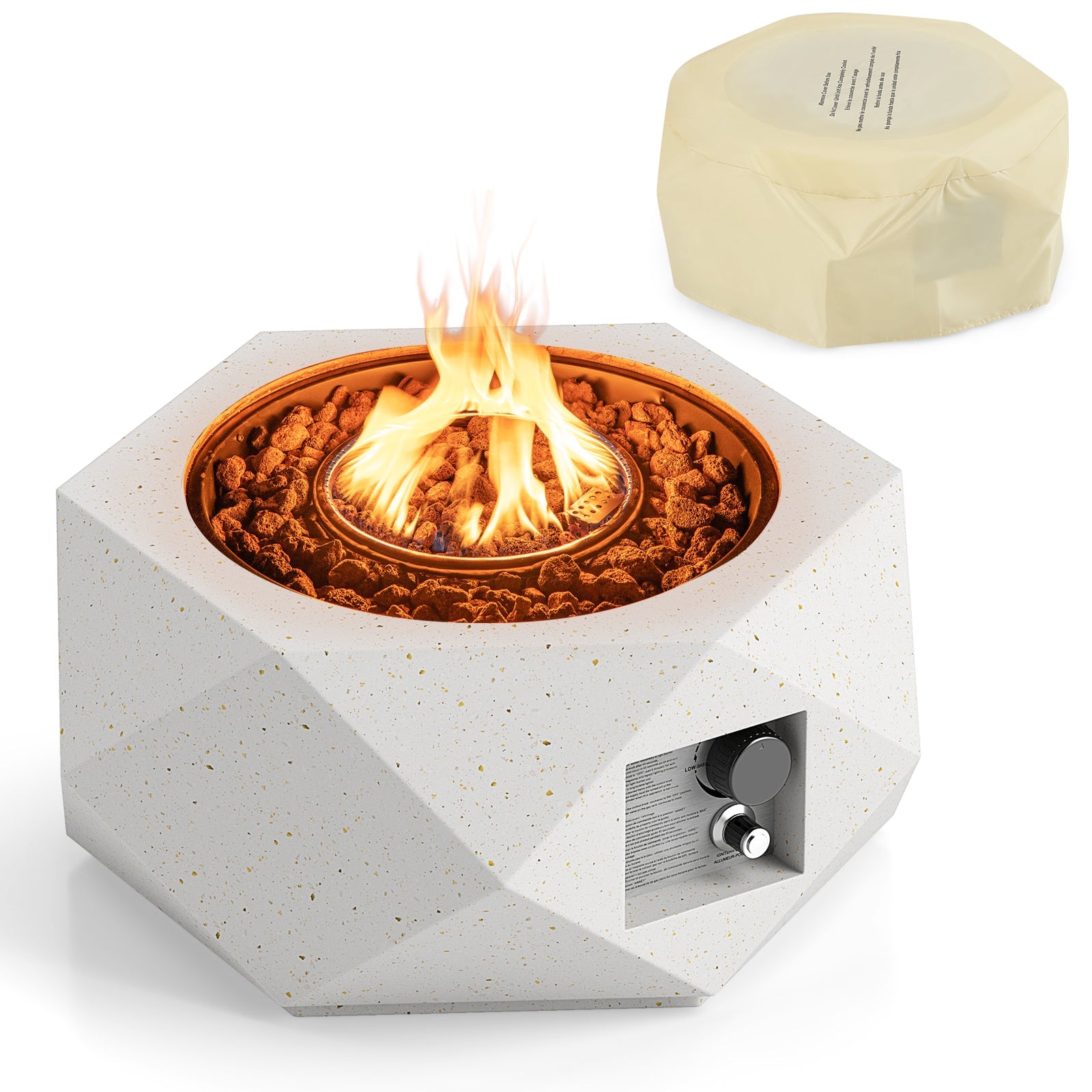40000 BTU 28 Inch Hexagon Terrazzo Propane Fire Pit Table with Stainless Steel Burner