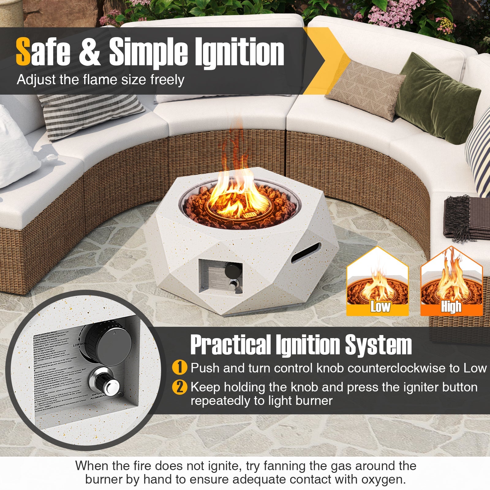 40000 BTU 28 Inch Hexagon Terrazzo Propane Fire Pit Table with Stainless Steel Burner