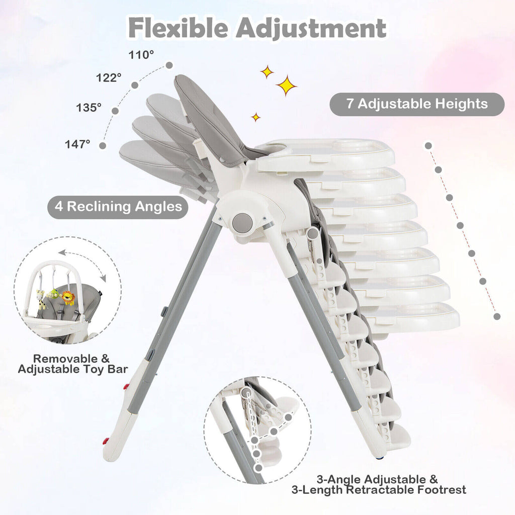4-in-1 Foldable Baby High Chair with 7 Adjustable Heights and Free Toys Bar