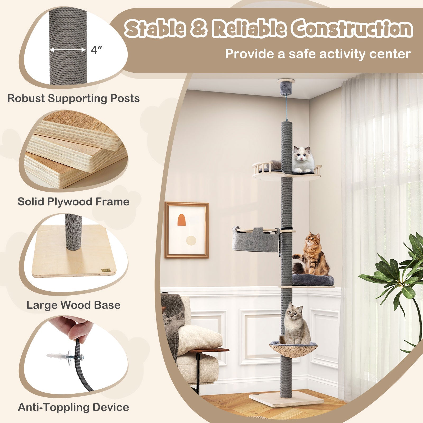 Floor to Ceiling Cat Tree with 93 Inch-107 Inch Adjustable Height-Gray