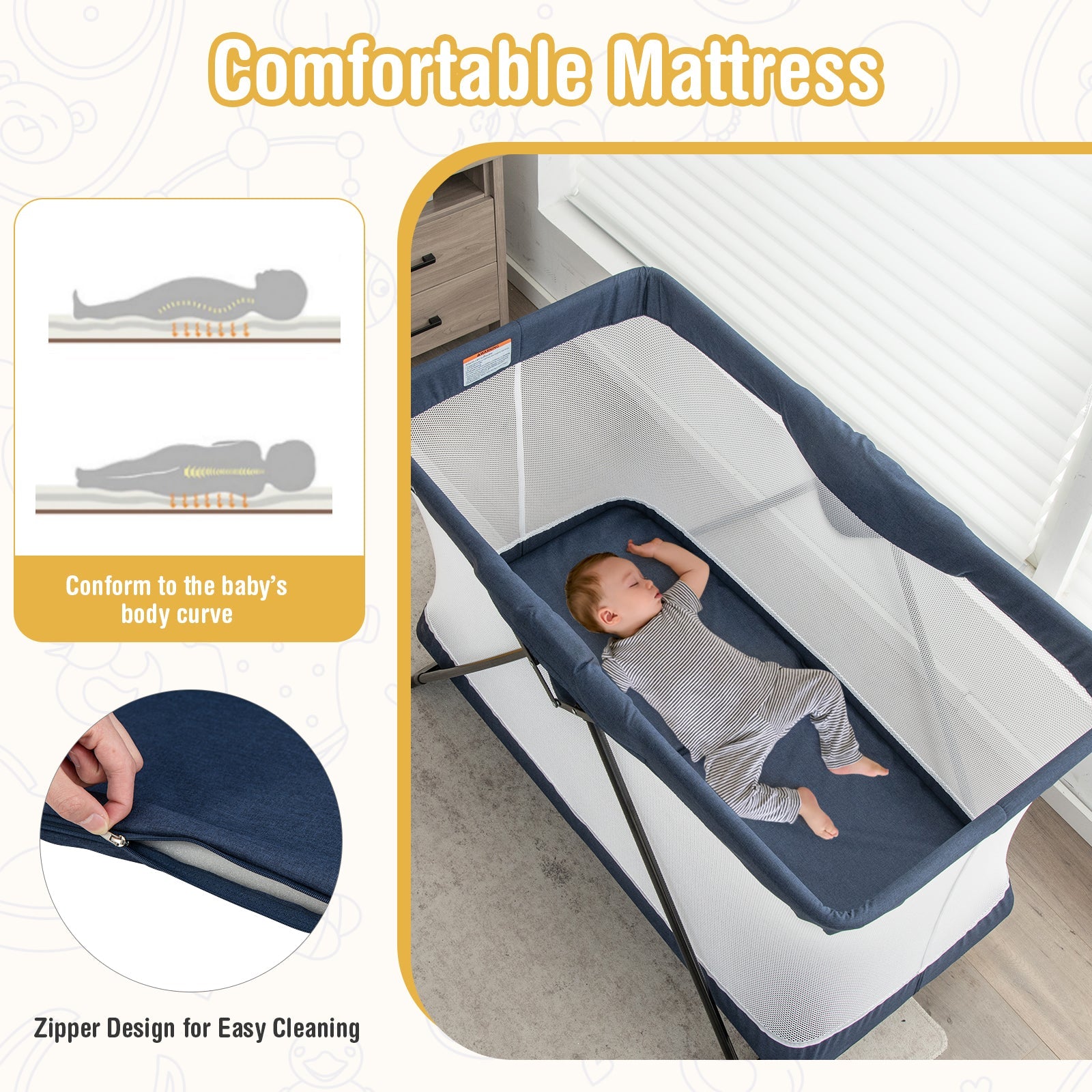 Baby Foldable Playpen with Removable Mattress and Washable Cover