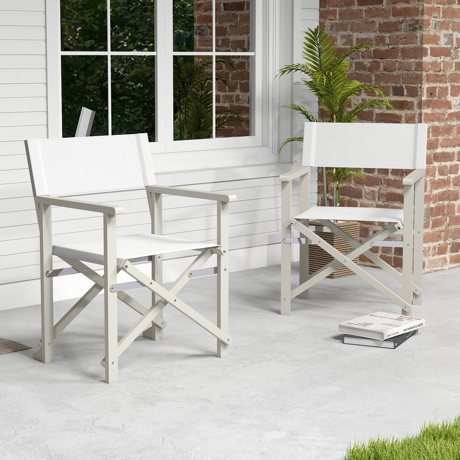Folding Director Chair with Acacia Wood Frame and Machine Washable Oxford Fabric-Off White