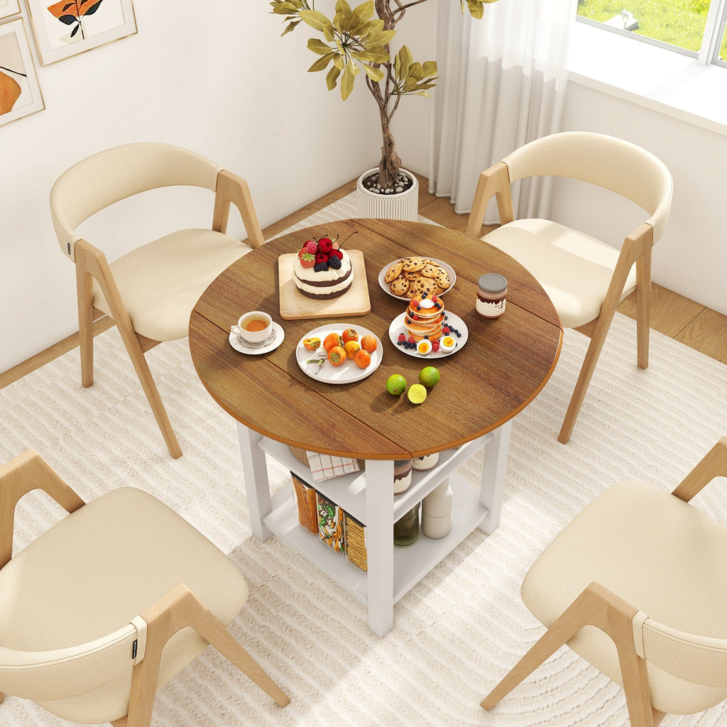 Folding Round Dining Table Drop Leaf Table with 2 Shelves for Small Spaces-White