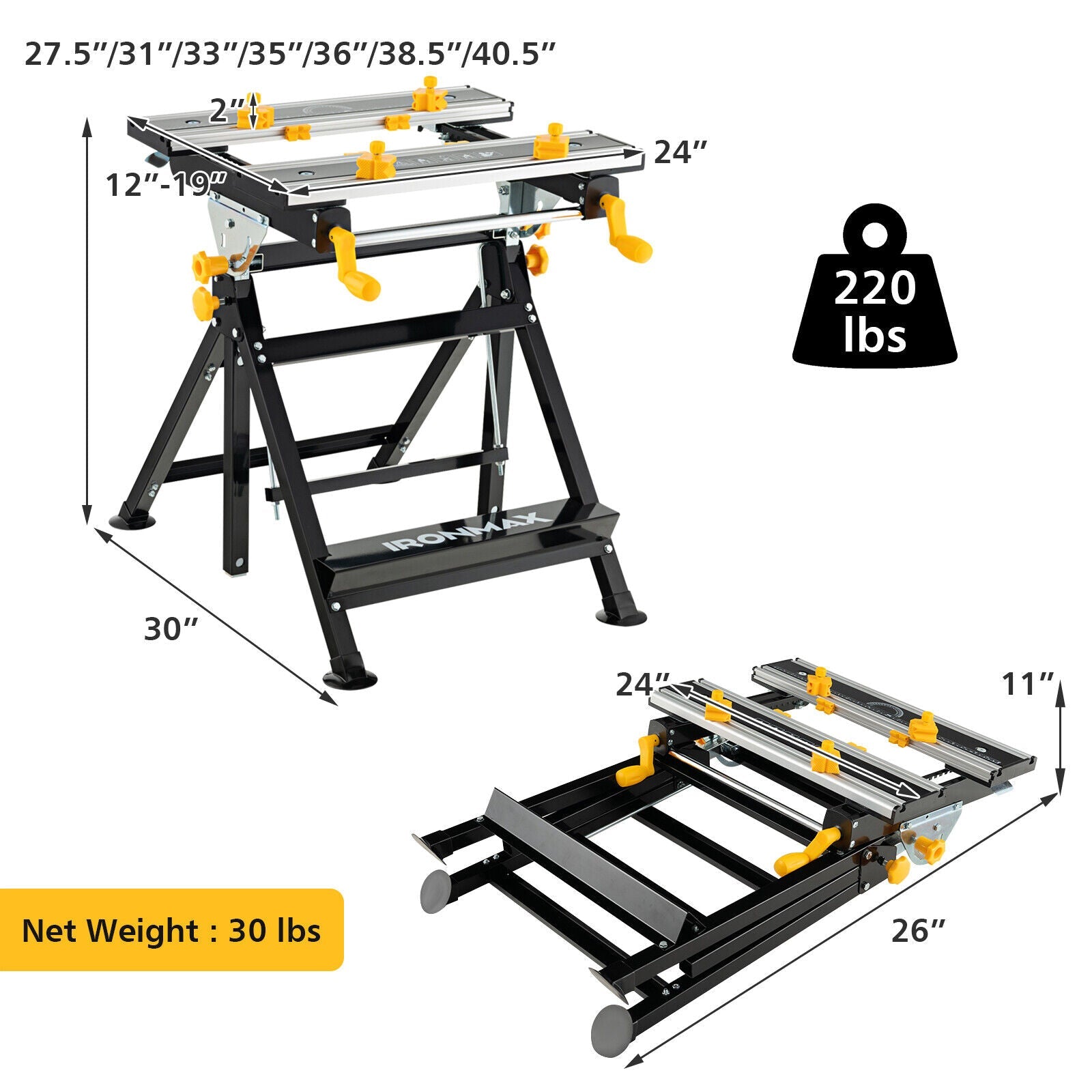 Folding Work Table with Tiltable Platform and 7-level Adjustable Height-Black