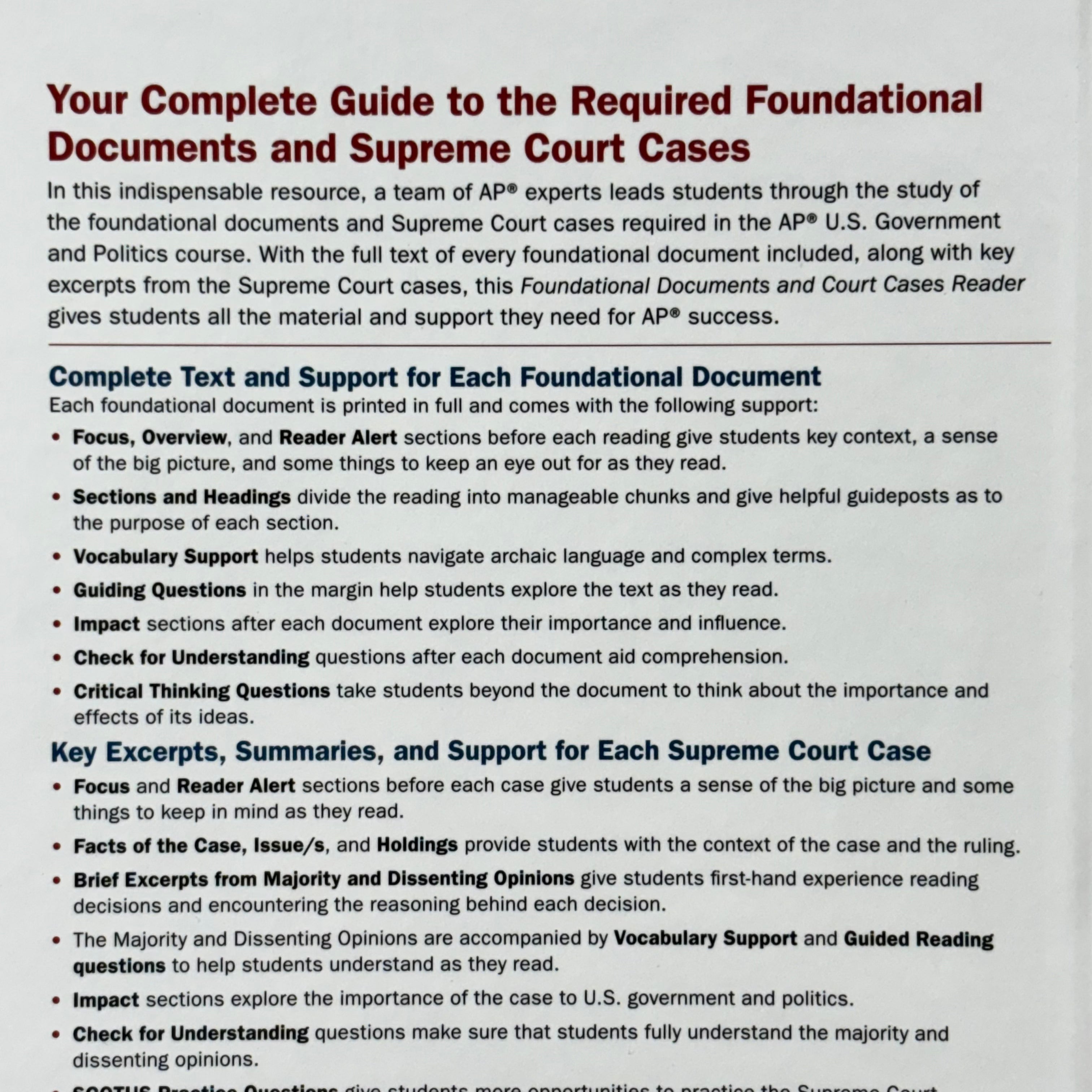 AMERICAN GOVERNMENT Foundational Documents & Court Cases AP Course Hardback