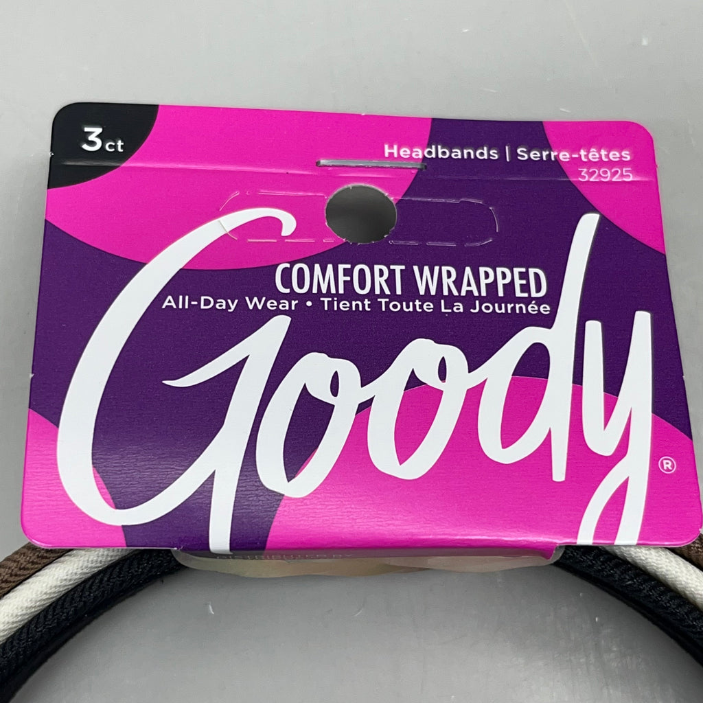 GOODY (3 PACK of 3 !) Comfort Wrapped All-Day Wear Headband Brown/Creme/Black 3000755