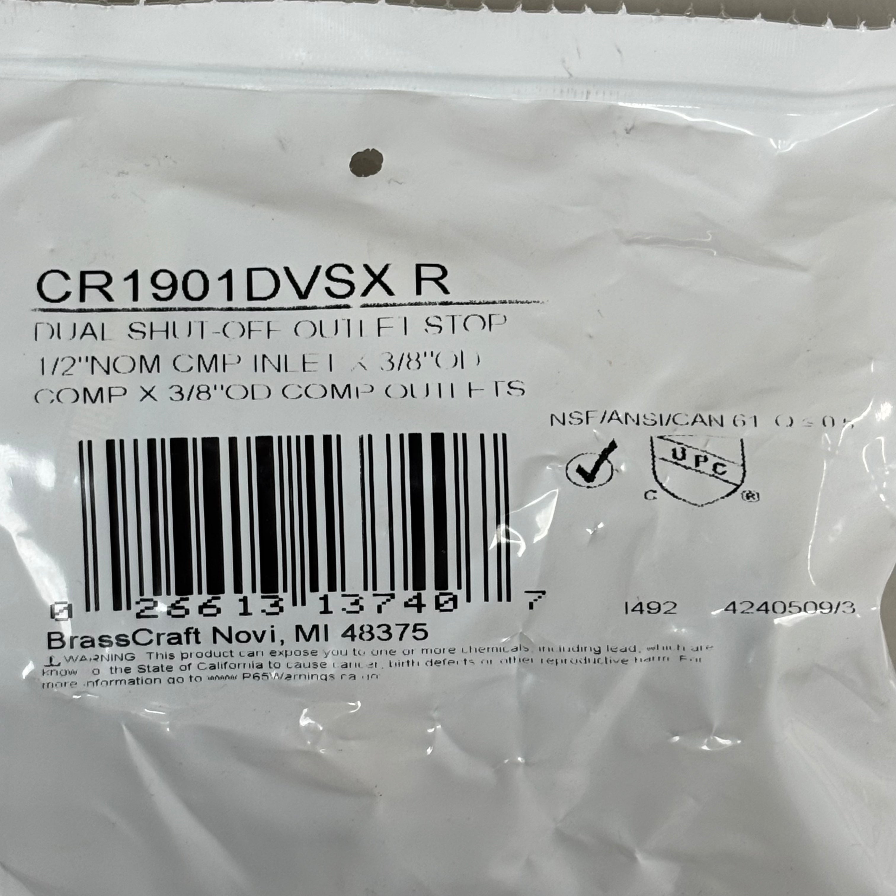 BRASSCRAFT  Dual Shut Off Outlet Stop 1/2" NOm CMP In X 3/8" OD COMP CR1901DVSXR
