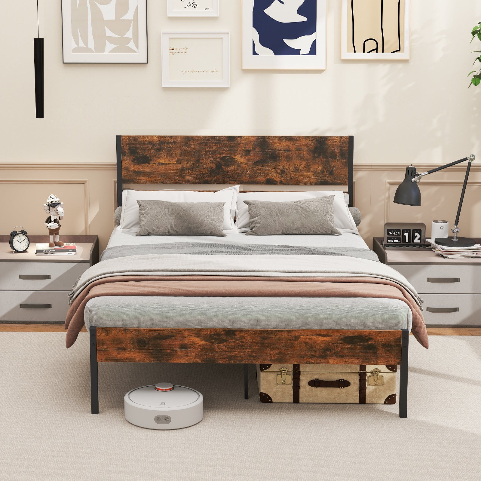 Twin/Full/Queen/King Metal Bed Frame with Wooden Headboard and Footboard-Full Size