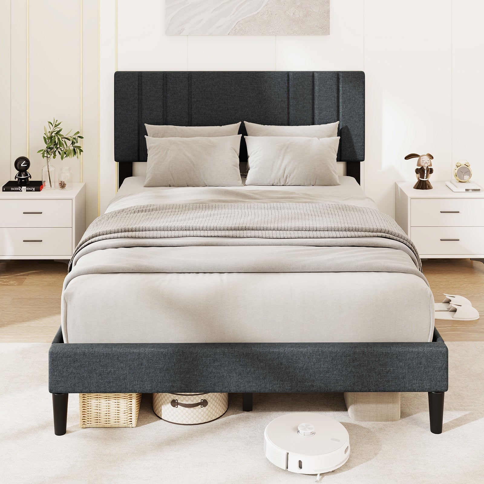 Full/Queen/Twin Size Bed Frame with Vertical Channel Tufted Headboard and Wooden Slats
