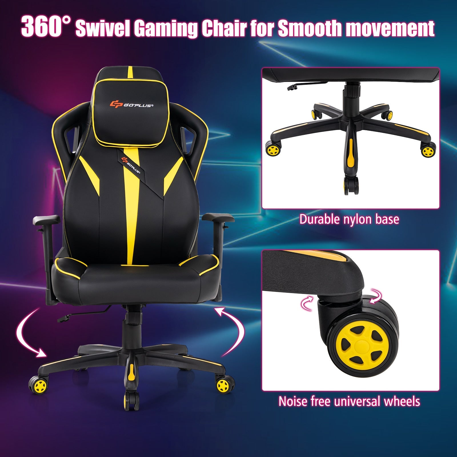 Ergonomic Gaming Chair with Adjustable Height and Reclining Backrest-Yellow