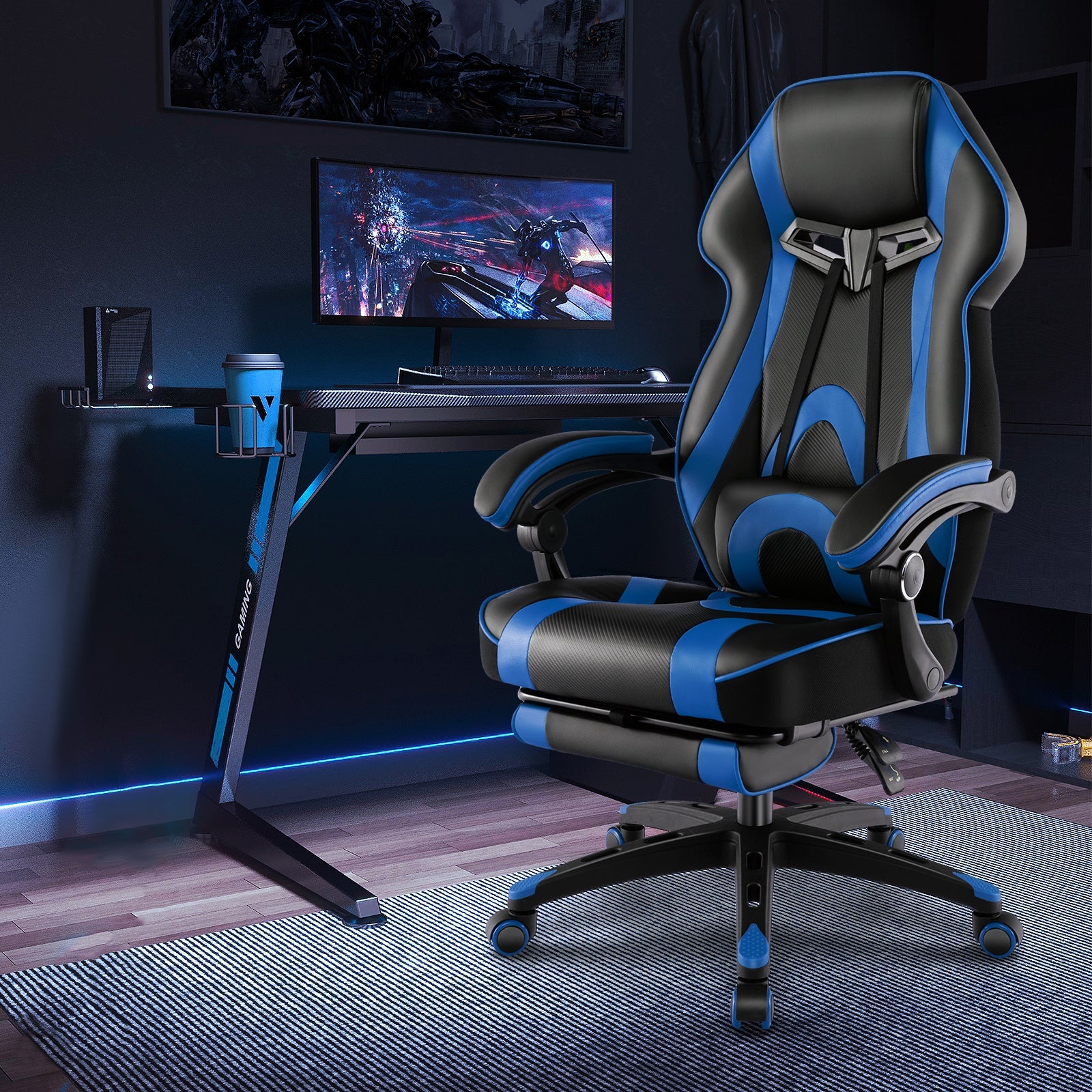 Gaming Chair Racing Style Swivel Chair with Footrest and Adjustable Lumbar Pillow