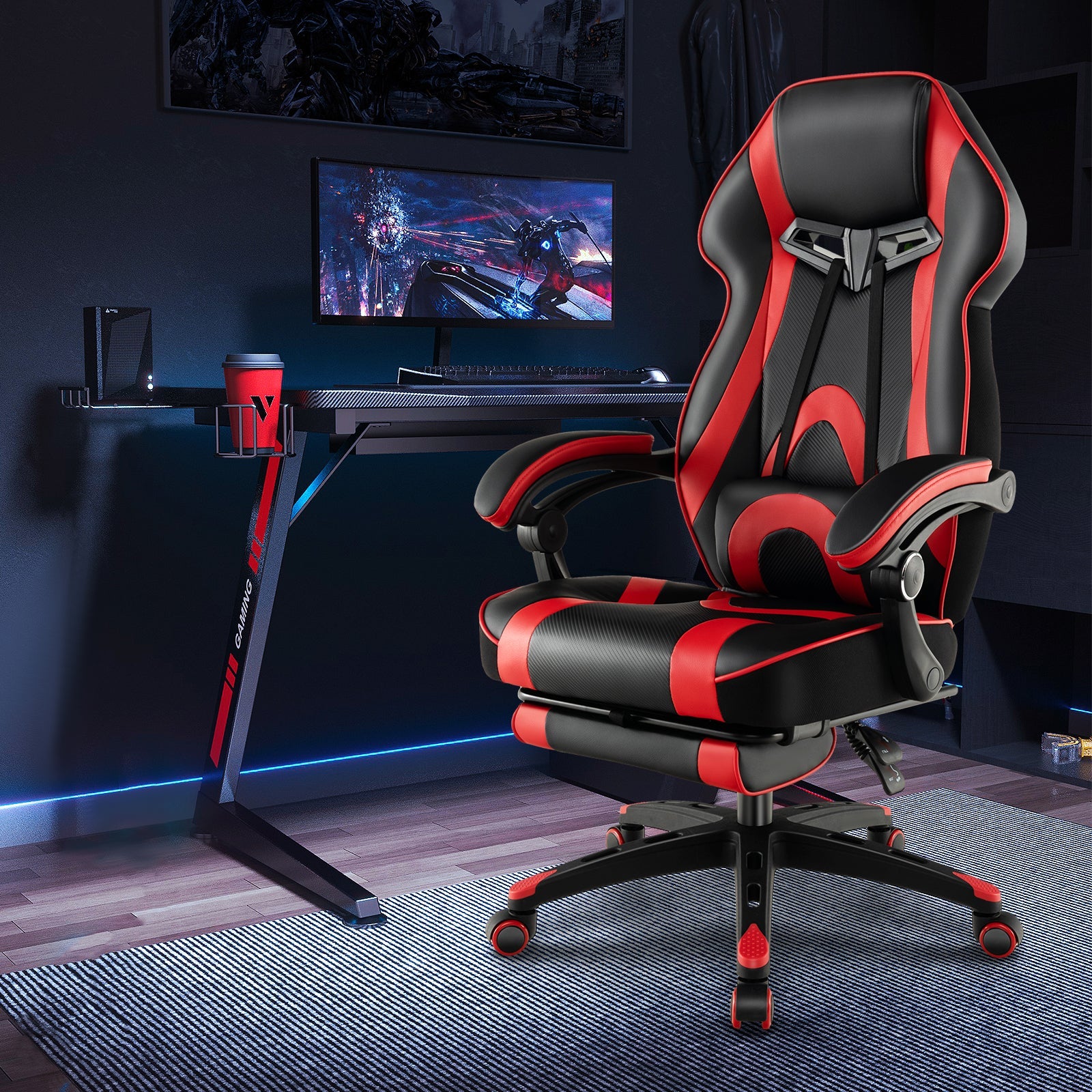 Gaming Chair Racing Style Swivel Chair with Footrest and Adjustable Lumbar Pillow