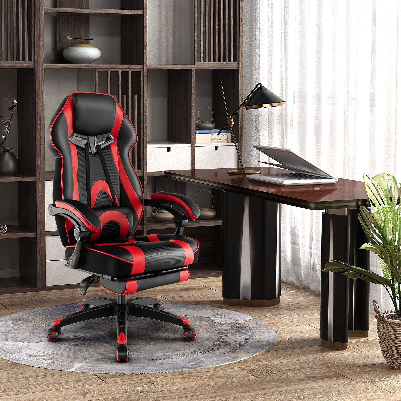 Gaming Chair Racing Style Swivel Chair with Footrest and Adjustable Lumbar Pillow