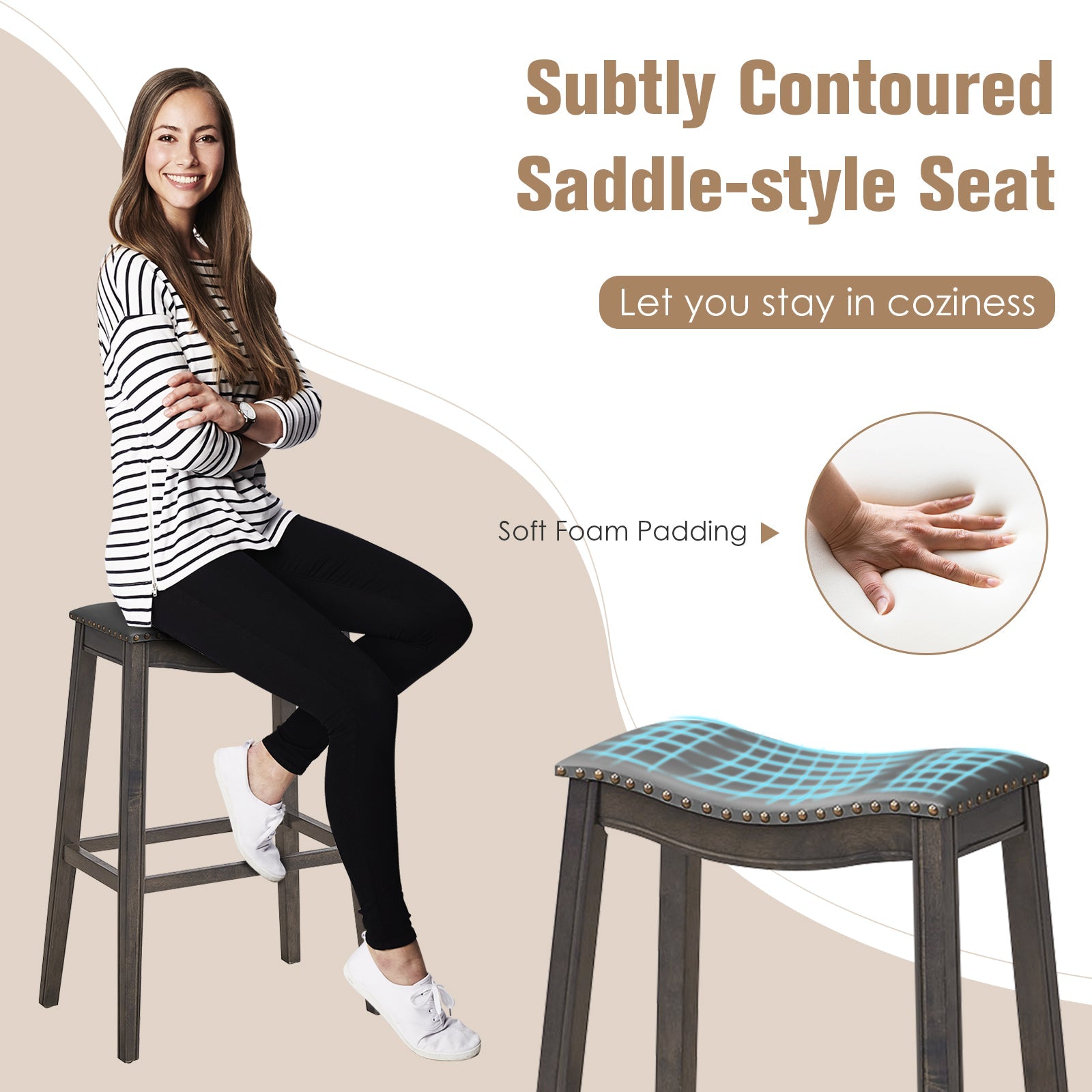 29 Inch Set of 2 Backless Wood Nailhead Barstools with PVC Leather Seat