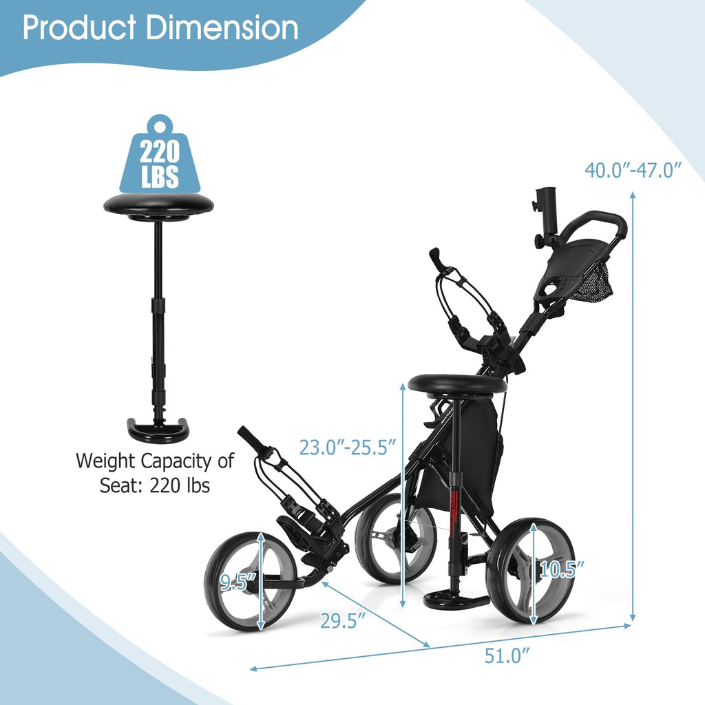 3 Wheels Folding Golf Push Cart with Seat Scoreboard and Adjustable Handle