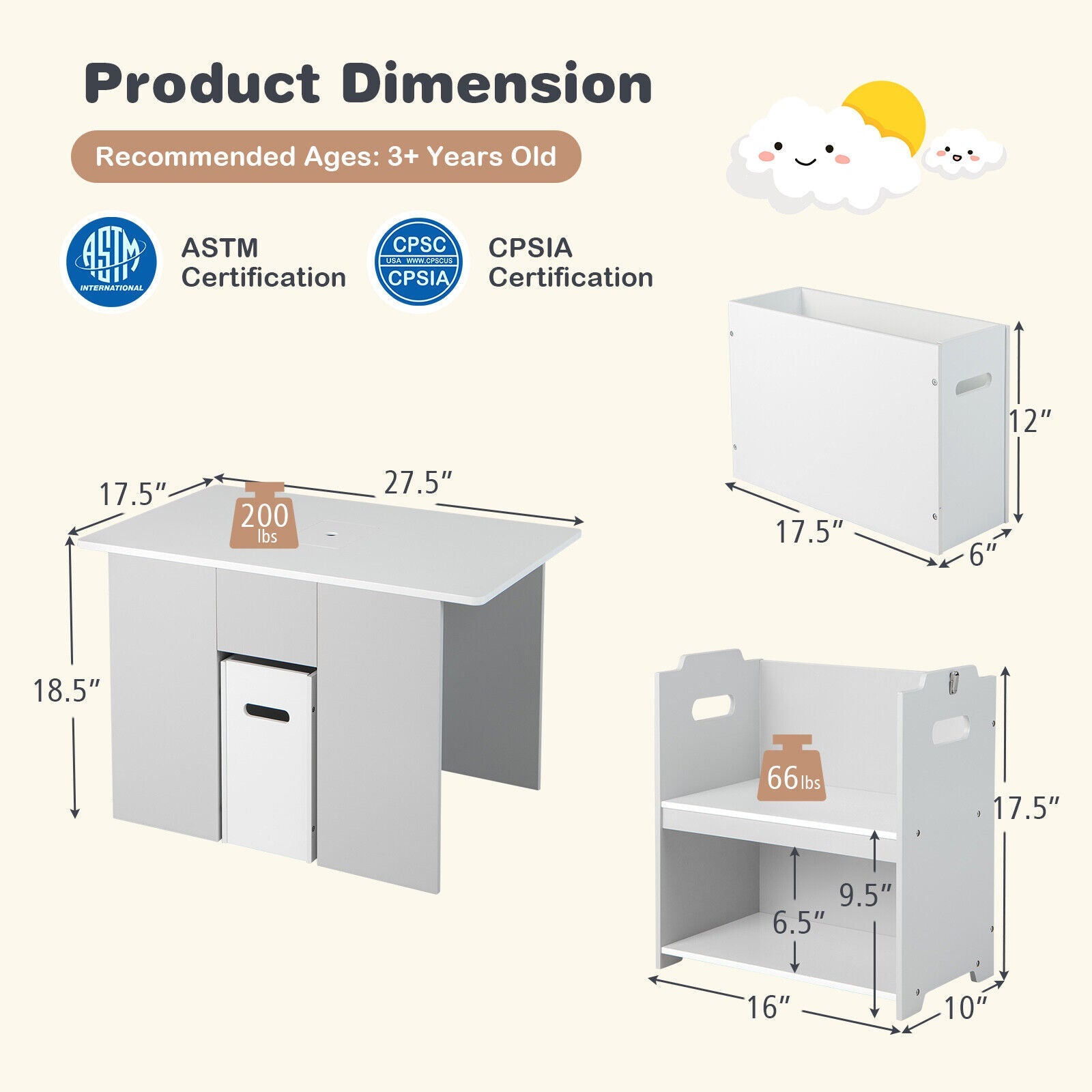 4-in-1 Kids Table and Chairs with Multiple Storage for Learning-Gray