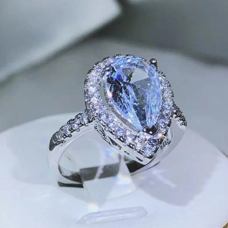 925 Sterling Silver Drop-Shaped White Zircon Ring | Elegant Cocktail Ring for Women