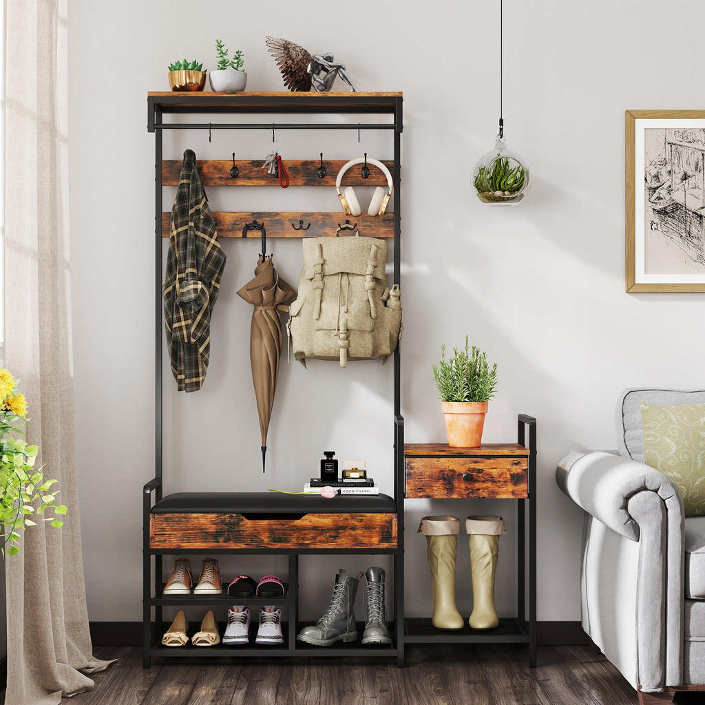 70 Inch Hall Tree with Shoe Storage Bench Freestanding Coat Rack-Rustic Brown