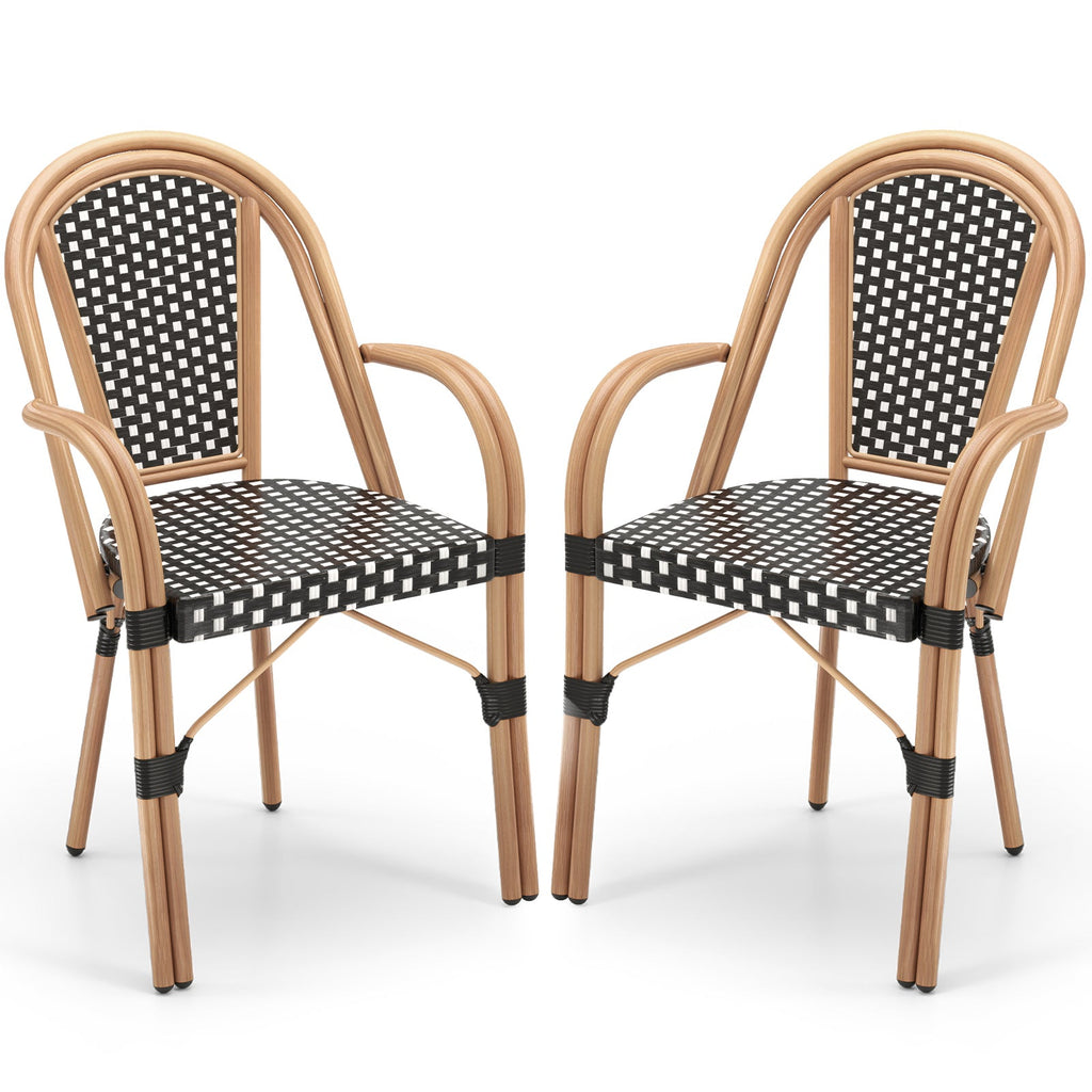 Hand-Woven PE Wicker Outdoor French Bistro Chairs Set of 2