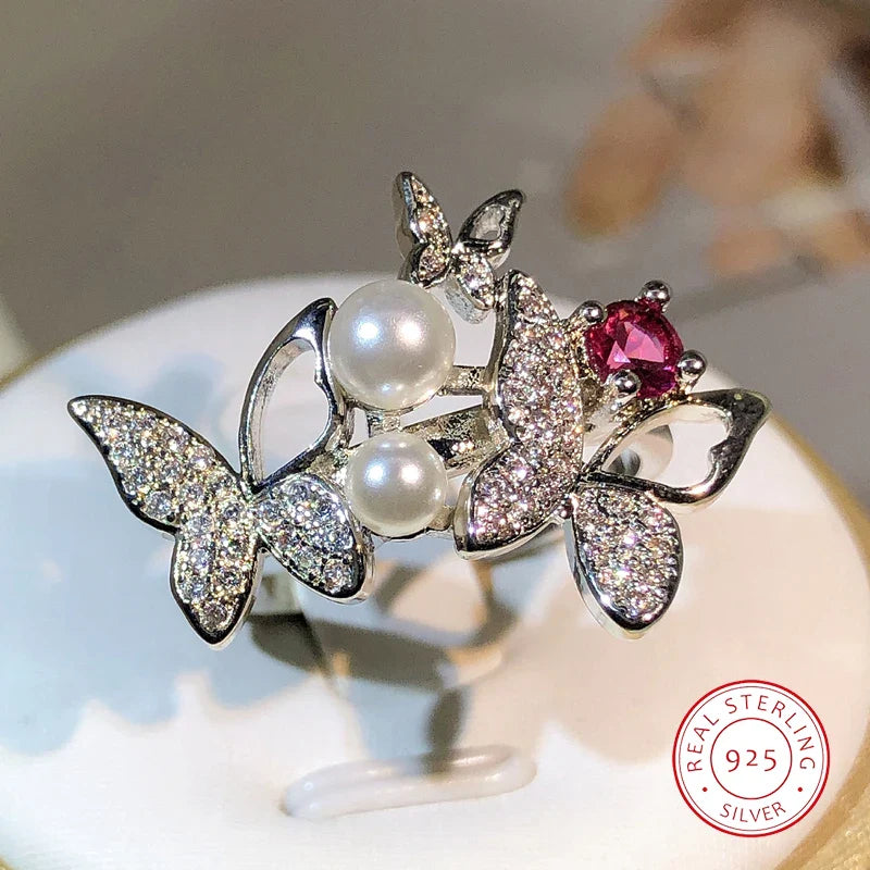 925 Sterling Silver Double Pearl Butterfly Ring | Zircon Cocktail Jewelry for Women