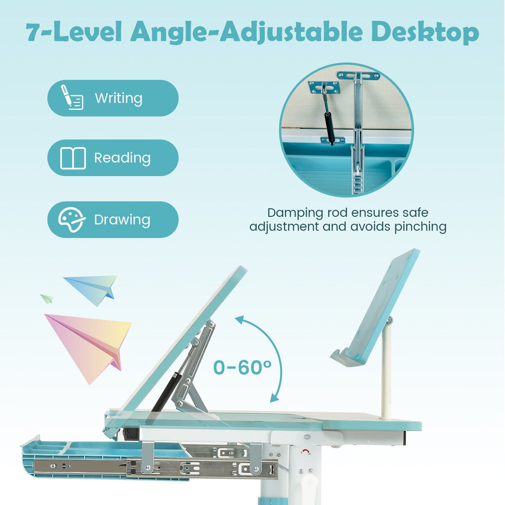 Height-Adjustable Kids Desk with Tilt Desktop and Book Stand