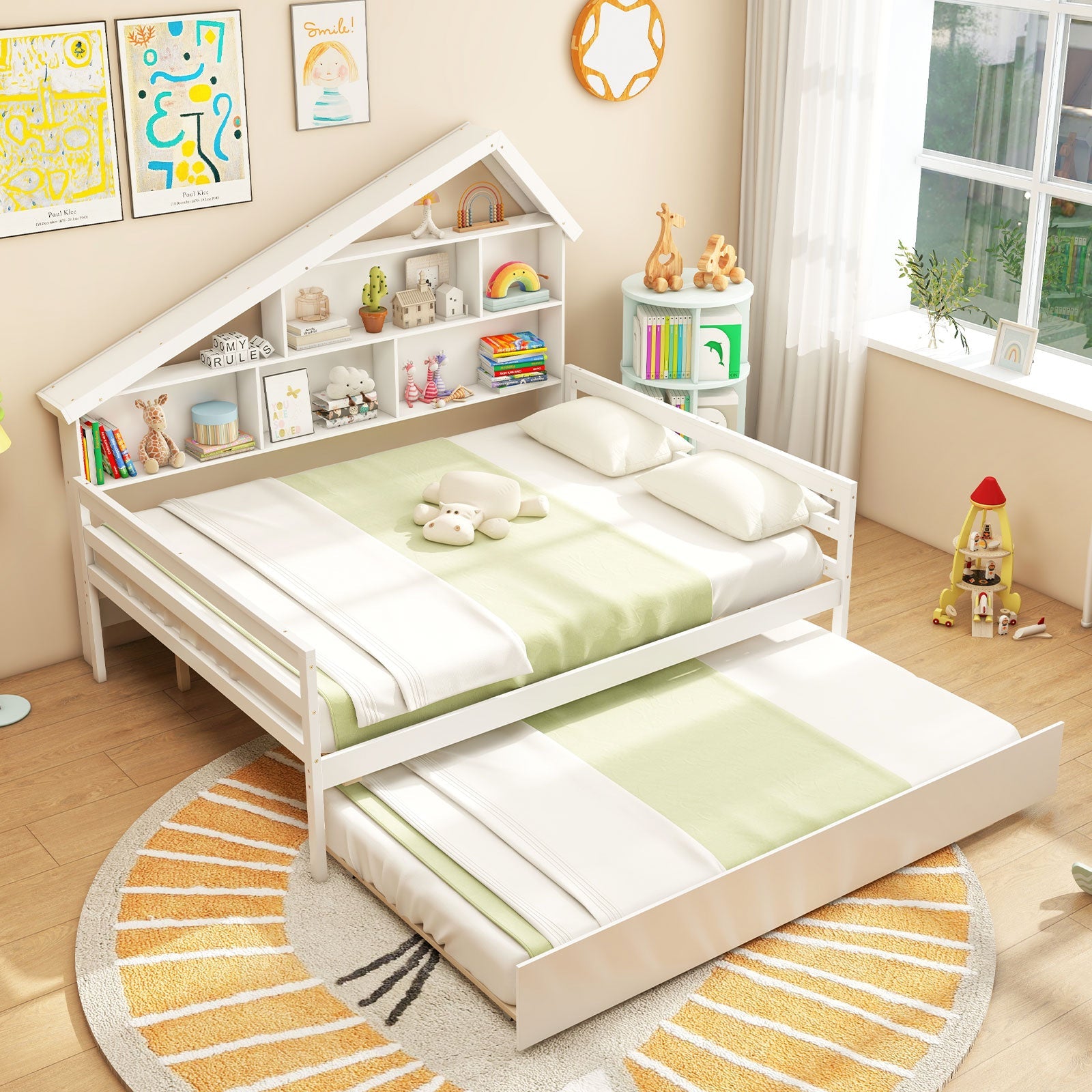 House-Shaped Full Size Daybed with Twin Size Trundle-White