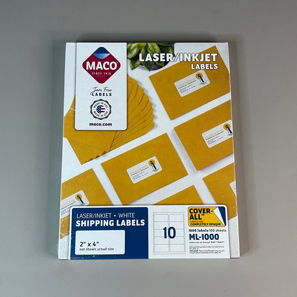 ZA@ MACO Laser / Ink Jet White Shipping Labels 2" x 4” 1000 Labels (100 sheets) ML-1000