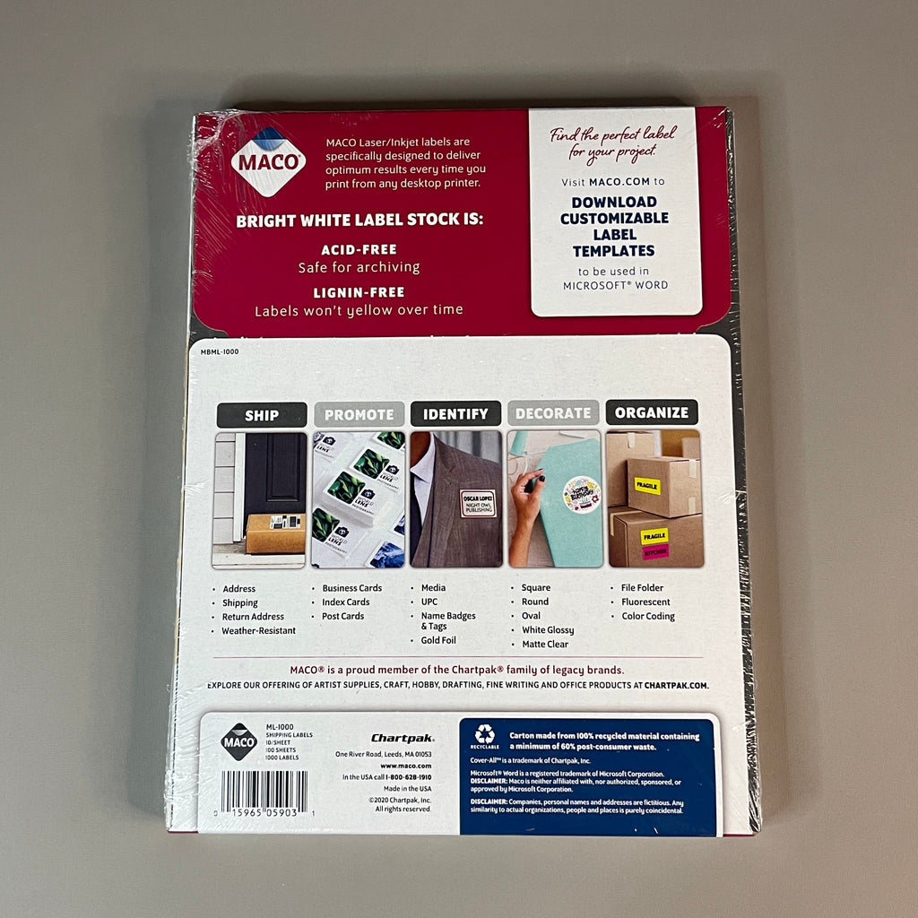 ZA@ MACO Laser / Ink Jet White Shipping Labels 2" x 4” 1000 Labels (100 sheets) ML-1000