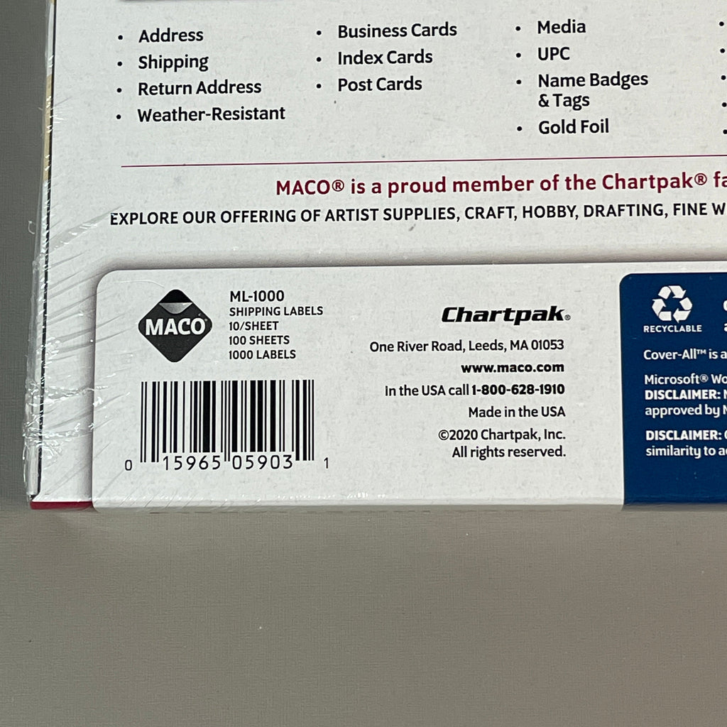 ZA@ MACO Laser / Ink Jet White Shipping Labels 2" x 4” 1000 Labels (100 sheets) ML-1000