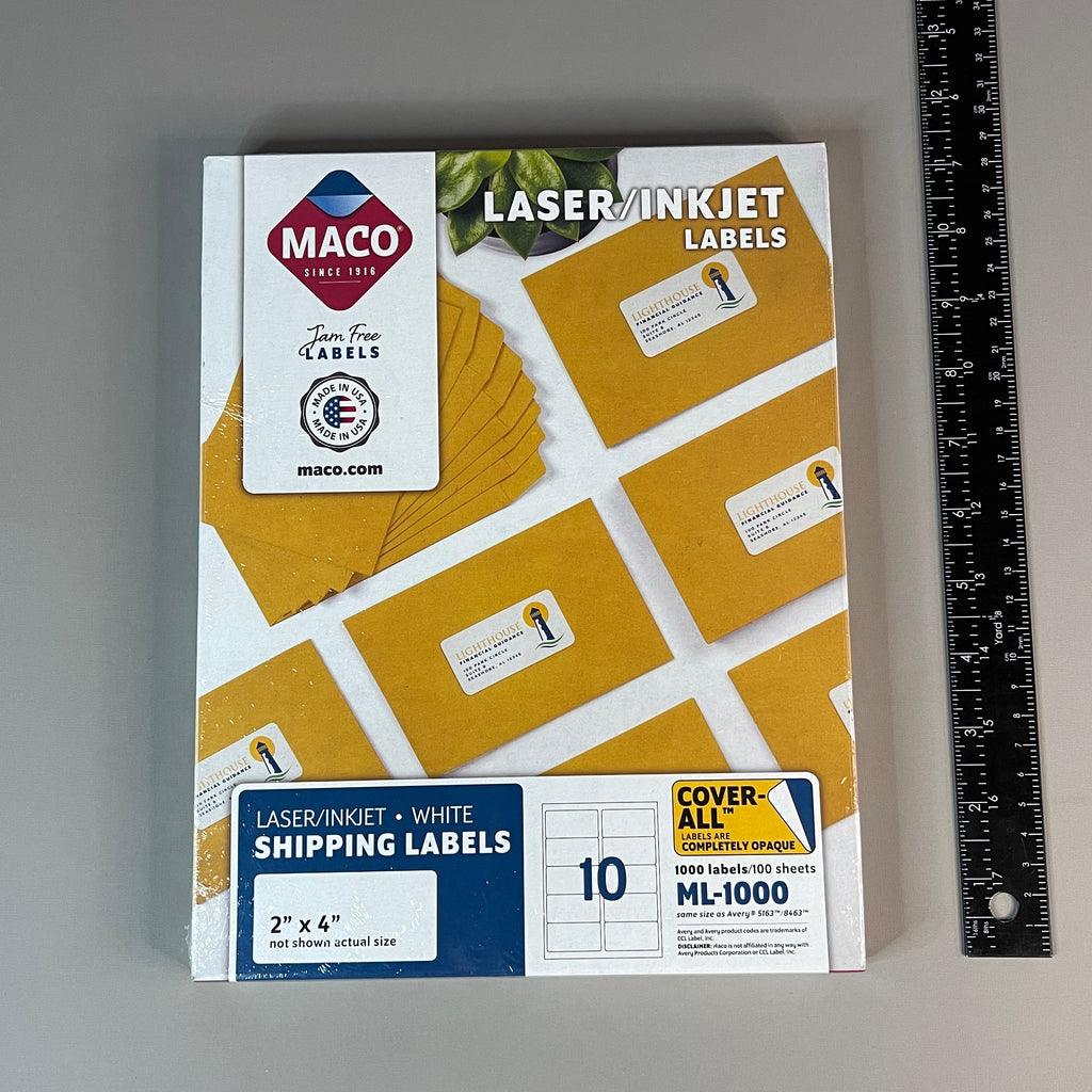 ZA@ MACO Laser / Ink Jet White Shipping Labels 2" x 4” 1000 Labels (100 sheets) ML-1000