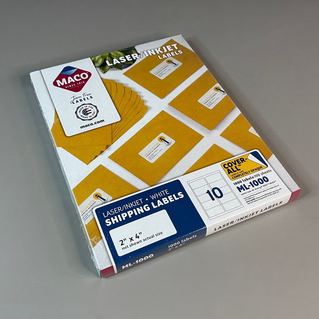 ZA@ MACO Laser / Ink Jet White Shipping Labels 2" x 4” 1000 Labels (100 sheets) ML-1000